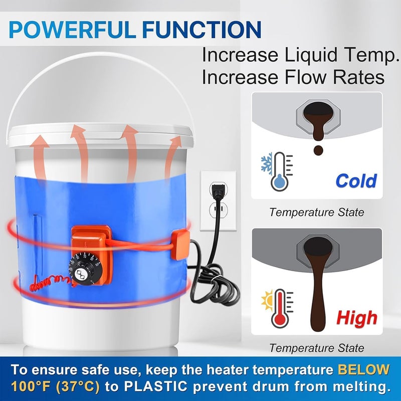 YeloDeer UPGRADED 2 Pcs Blue 5 Gallon Metal Drum Heater with Twist Temperature Control, 120V 800 W Barrel Warmer Band for Grease Keg Heater Operates in 86 ℉-302 ℉, Pail Heating for Honey Drum - Image 4